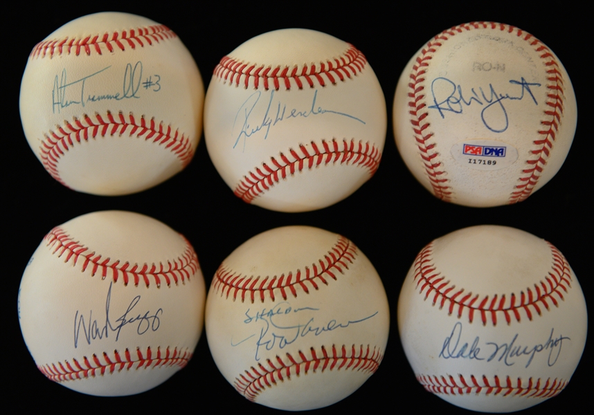 Lot of (6) Signed Baseballs - Rickey Henderson, Alan Trammell, Robin Yount, Wade Boggs, Rod Carew, Dale Murphy (JSA Auction LOA)