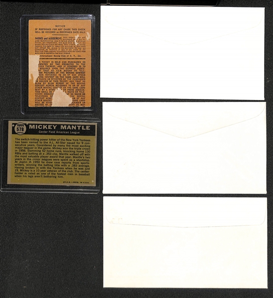 Memorabilia Lot - 1953 Marciano Vs. La Starza Ticket Stub, 1961 Topps Mickey Matle All Star Card (w. Pinholes),1978 Type 2 Arnold Palmer Photo, Lou Brock Auto