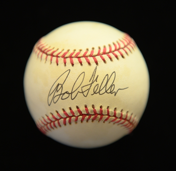 Autograph Lot - Unitas Signed Golf Scorecard, Paterno & David Robinson Signed Dinner Program, & Bob Feller Signed Baseball (JSA Auction Letter)