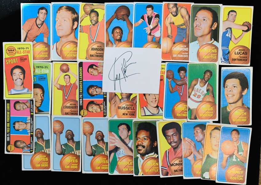 Lot of (17) Autographs (w. Bradshaw, James Harrison, Ashburn, Emile Griffith, Larry Holmes, L. Bacall, Chris Jerico, +) & (27) 1970 Basketball Cards (JSA Auction Letter)