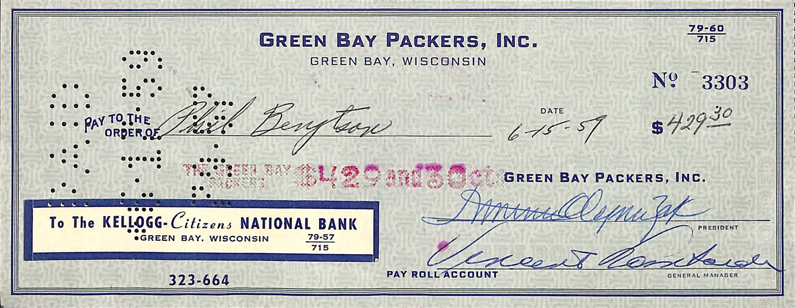 Rare 1959 Green Bay Packers Check Autographed by Vince Lombardi (Signed Vincent Lombardi) - Full JSA Letter of Authenticity