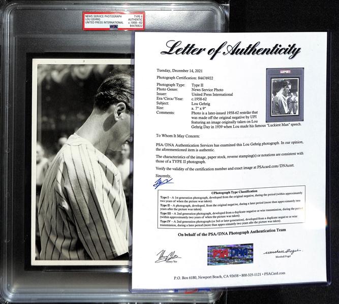 Rare Type 2 Lou Gehrig Day 7x9 News Service Photo (PSA/DNA Slabbed) c. 1958-1962 - Highly Desired Image from Lou Gehrig Day! w. Full PSA/DNA Letter