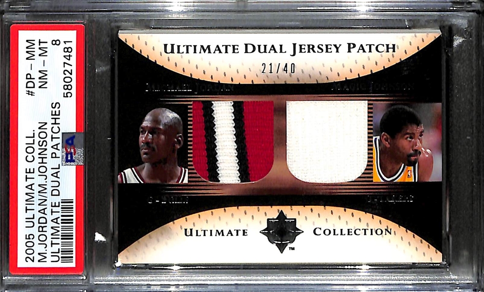 2005 UD Ultimate Collection Michael Jordan & Magic Johnson Dual Jersey Patch #21/40 Graded PSA 8 (w. 3-Color Jordan Patch)