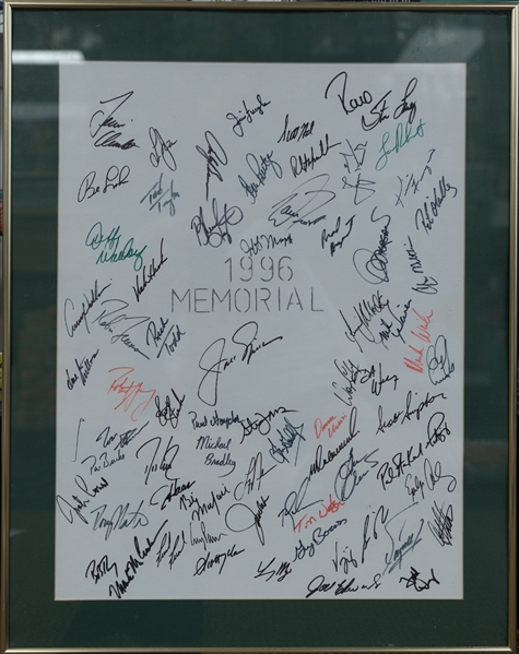Framed 1996 Memorial Golf Autographed Display (22x28 w. 70+ Autographs) w. Jack Nicklaus, Jim Furyk, Tom Watson, L. Watkins, D. Love, + (JSA Auction letter)