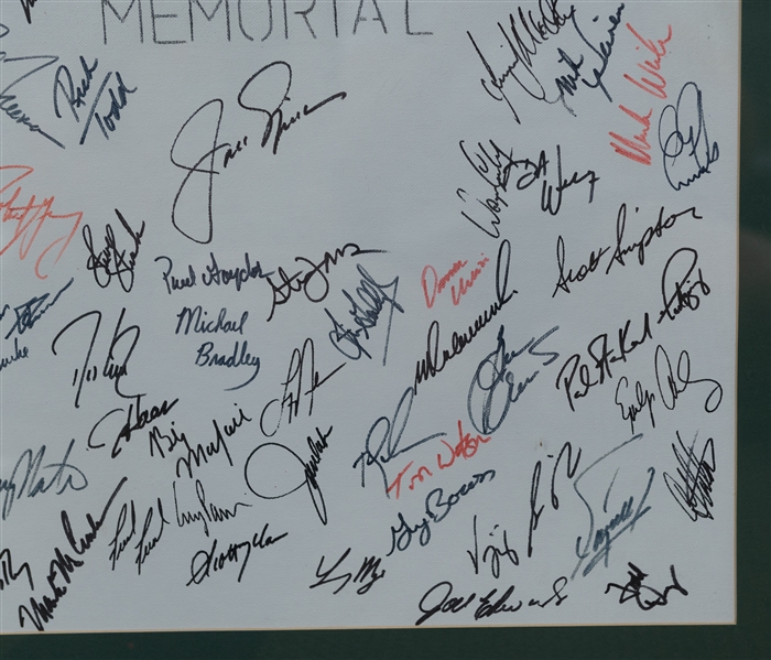 Framed 1996 Memorial Golf Autographed Display (22x28 w. 70+ Autographs) w. Jack Nicklaus, Jim Furyk, Tom Watson, L. Watkins, D. Love, + (JSA Auction letter)