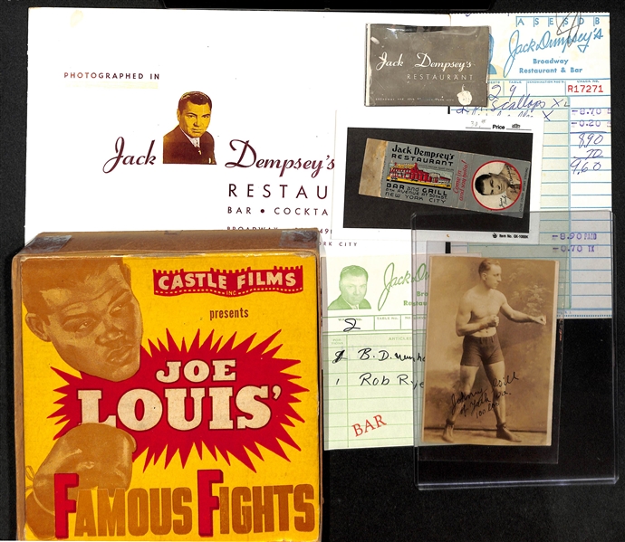 Lot of Vintage Boxing Memorabilia w. Joe Lewis Castle Films in Original Box & Jack Dempsey Autographed Business Card - JSA Auction Letter
