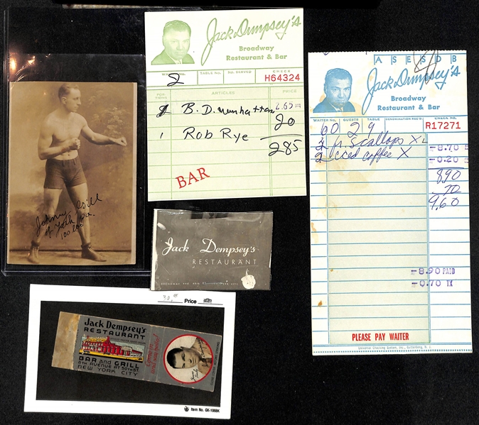 Lot of Vintage Boxing Memorabilia w. Joe Lewis Castle Films in Original Box & Jack Dempsey Autographed Business Card - JSA Auction Letter