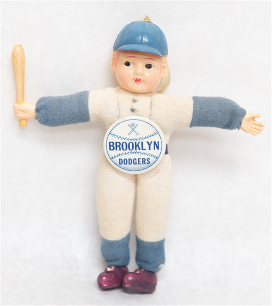 Lot of - Early 1900s Baseball Silver Spoon, 1913 Tobacco Ad, & 1950s Brooklyn Dodgers Celluloid Doll & Pin