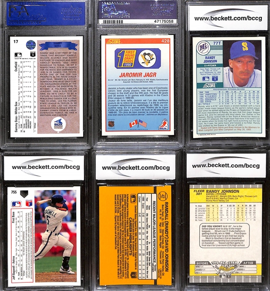 (6) Graded Sports Cards - 1990 Score CA Jagr PSA 10, 1990 UD Sosa PSA 10, (3) Randy Johnson (all BCCG 10), & Bagwell BCCG 10