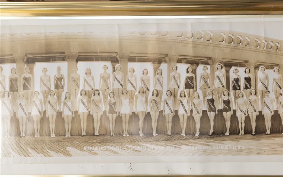 Vintage Panoramic Photo Lot - 1952 Miss America Pageant (31x10 Photo in Frame) & 23x10 Football Team