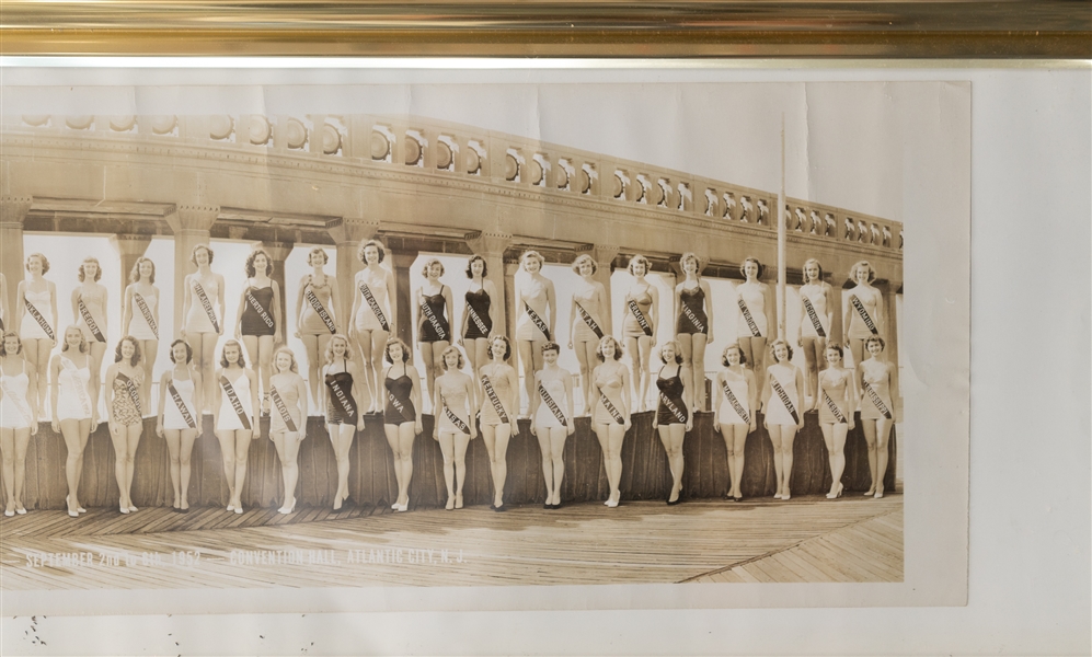 Vintage Panoramic Photo Lot - 1952 Miss America Pageant (31x10 Photo in Frame) & 23x10 Football Team