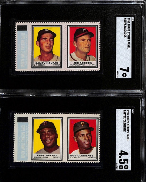 1962 Topps Stamps Panels - Bob Clemente/Battey (SGC 4.5) & Sandy Koufax/Adcock (SGC 7)