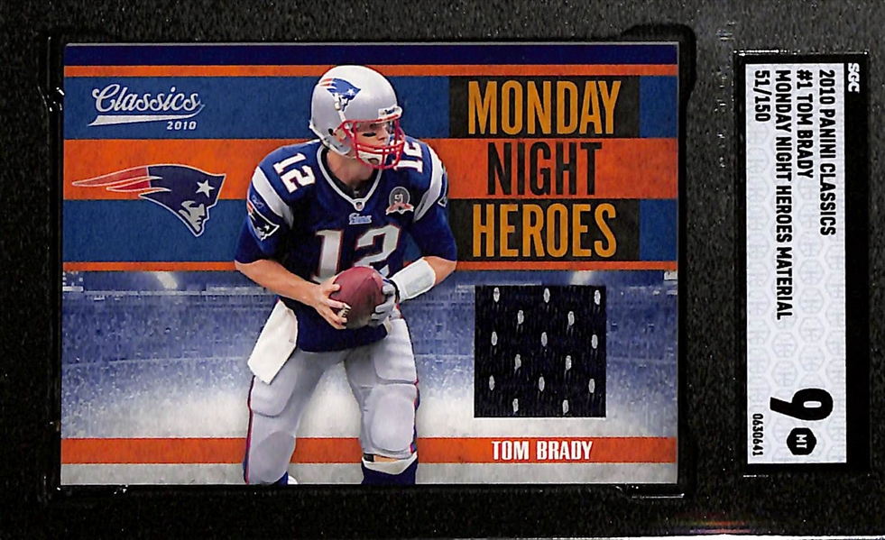 Tom Brady Lot - (2) 2002 Topps Finest (Both SGC 9) & 2010 Classics Monday Night Heroes Jersey Relic #51/150 (SGC 9)