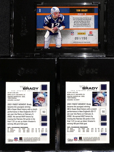 Tom Brady Lot - (2) 2002 Topps Finest (Both SGC 9) & 2010 Classics Monday Night Heroes Jersey Relic #51/150 (SGC 9)