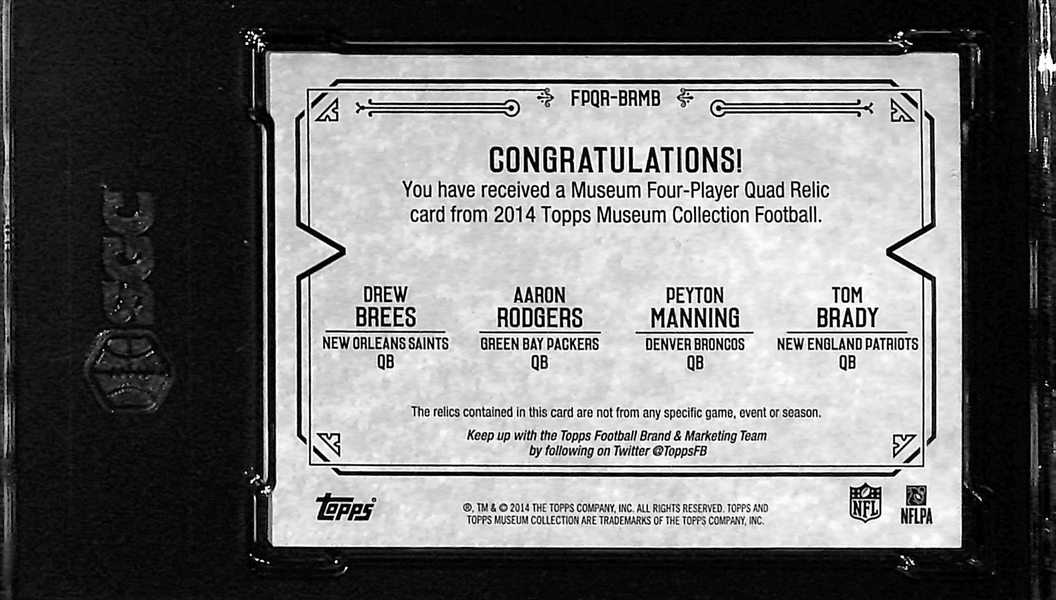 2014 Topps Museum Collection Quad Bronze Jersey Relic Card - Tom Brady, Brett Favre, Drew Brees, Peyton Manning #42/50 (SGC 8.5)