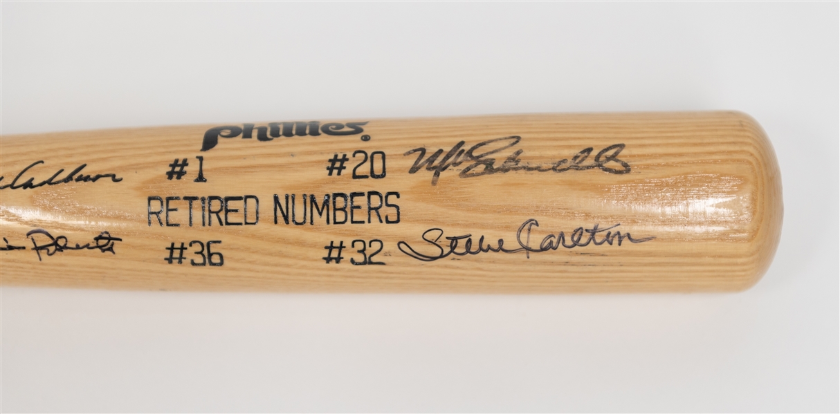 Phillies Retired Numbers/HOF Signed Baseball Bat (Schmidt, Ashburn, Carlton, Roberts) w. JSA LOA