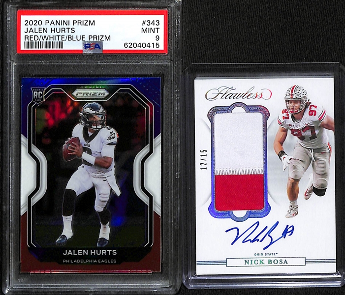 2020 Jalen Hurts Red White Blue Rookie Prizm PSA 9 and 2020 Flawless Collegiate Nick Bosa RPA #d /15