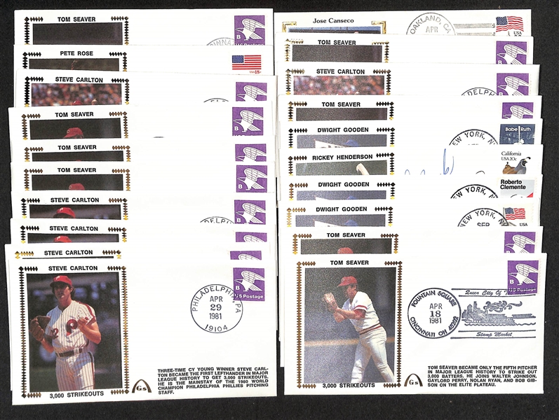 Lot of (21) Baseball First Day Covers (FDC) w. (12) Autographed Inc. Reggie Jackson, Canseco, Rose, Seaver, Henderson, Gooden, and More (JSA Auction Letter)