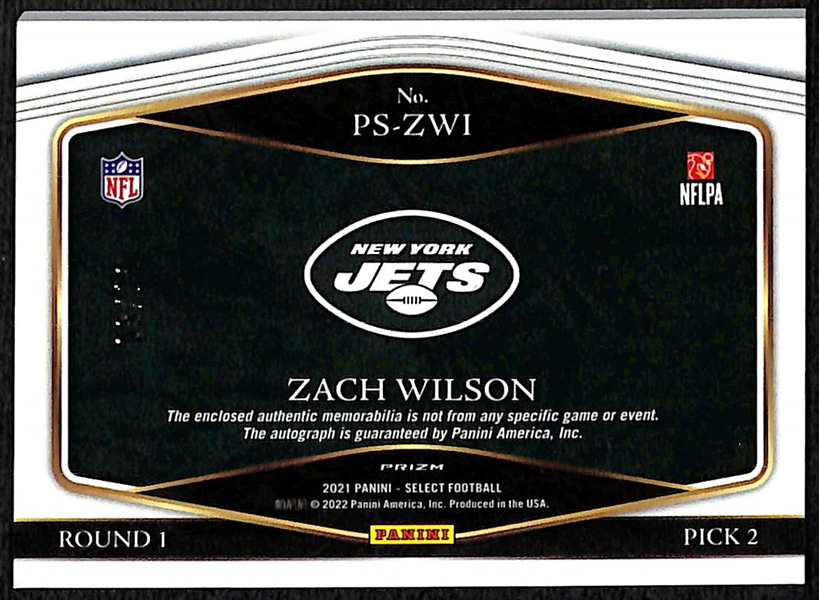 2021 Select Zach Wilson Prime Selection Gold Patch Autograph #d 8/10