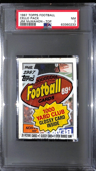 1987 Topps Football Unopened Cello Pack (Jim McMahon Rookie Card on Front) Graded PSA 7 NM