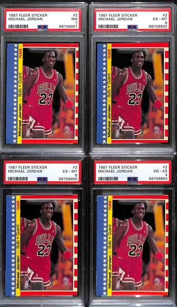 Lot of (4) 1987-88 Fleer Michael Jordan #2 Stickers - Graded PSA 7, PSA 6, PSA 6, PSA 4