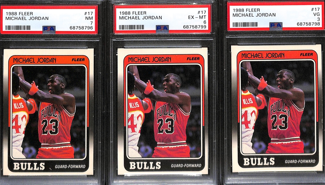 Lot of (5) 1988-89 Fleer Michael Jordan #17 Cards - Graded PSA 7, PSA 7, PSA 7, PSA 6, PSA 3