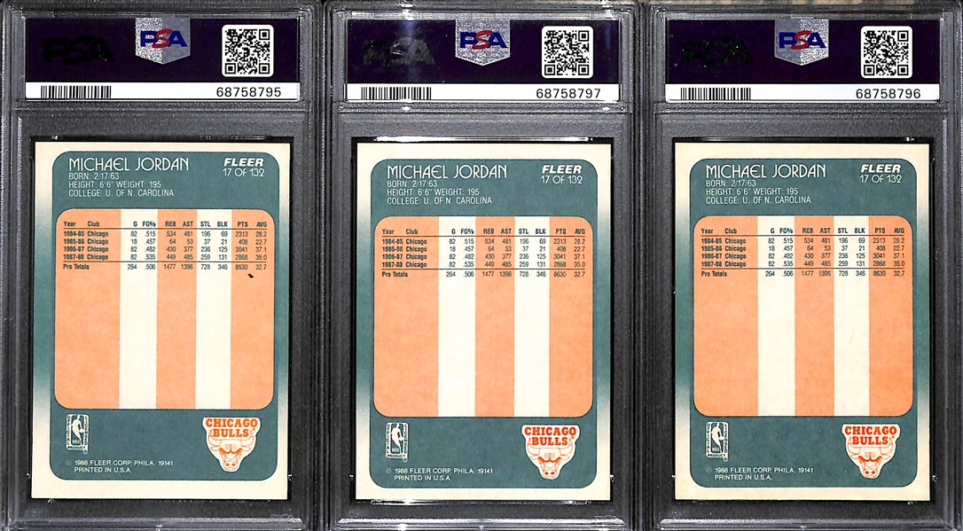 Lot of (5) 1988-89 Fleer Michael Jordan #17 Cards - Graded PSA 7, PSA 7, PSA 7, PSA 6, PSA 3