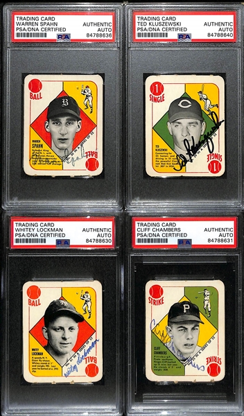 Lot of (4) Signed 1951 Topps Red Back Cards - Warren Spahn, Ted Kluszewski, Whitey Lockman, Cliff Chambers (All PSA/DNA Slabbed)