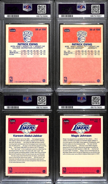 (4) Graded 1986-87 Fleer Basketball Cards - (2) Patrick Ewing Rookies (PSA 7 & PSA 2), Abdul Jabbar Sticker (PSA 6), Magic Johnson Sticker (PSA 6)