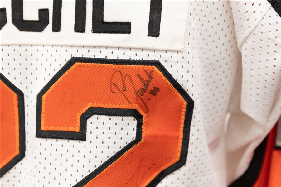 Philadelphia Flyers Replica CCM Autographed Rick Tocchet Jersey w. Ron Sutter, Craig Berube (JSA Auction Letter)