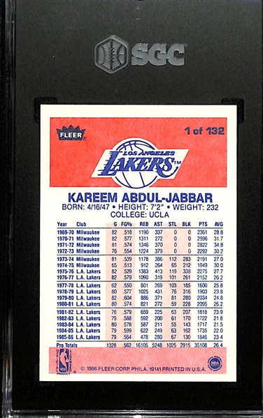 1986-87 Fleer Kareem Abdul-Jabbar #1 Graded SGC 9 Mint