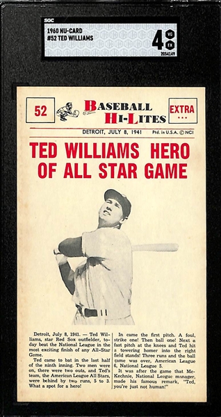 (3) Graded 1960 Nu-Star Cards - Joe DiMaggio #38 SGC 6, Ted Williams #52 SGC 4, Willie Mays #27 SGC 4
