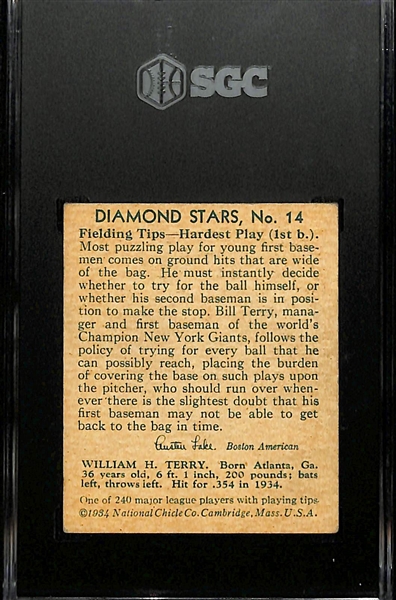 1934-36 Diamond Stars #14 Bill Terry (HOF) Graded SGC 5