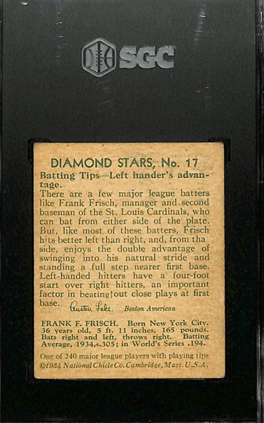 1934-36 Diamond Stars #17 Frankie Frisch (HOF) Graded SGC 4