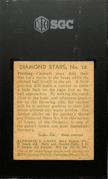 1934-36 Diamond Stars #28 Al Lopez (HOF) Unique In-Action Card Graded SGC 5
