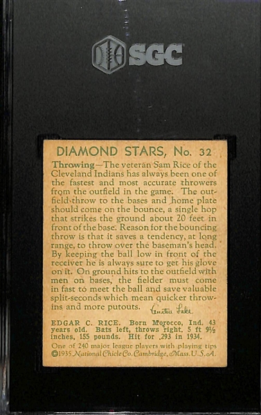 1934-36 Diamond Stars #32 Sam Rice (HOF) Graded SGC 6