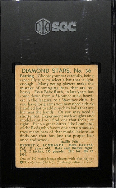 1934-36 Diamond Stars #36 Ernie Lombardi (HOF) Graded SGC 2.5