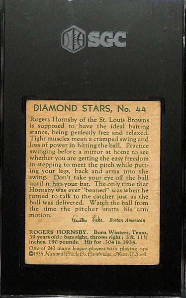 1934-36 Diamond Stars #44 Rogers Hornsby (HOF) Graded SGC 3