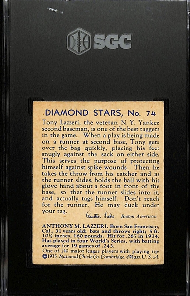 1934-36 Diamond Stars #74 Tony Lazzeri (HOF) Graded SGC 5