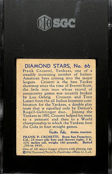 1934-36 Diamond Stars #86 Frank Crosetti Graded SGC 4