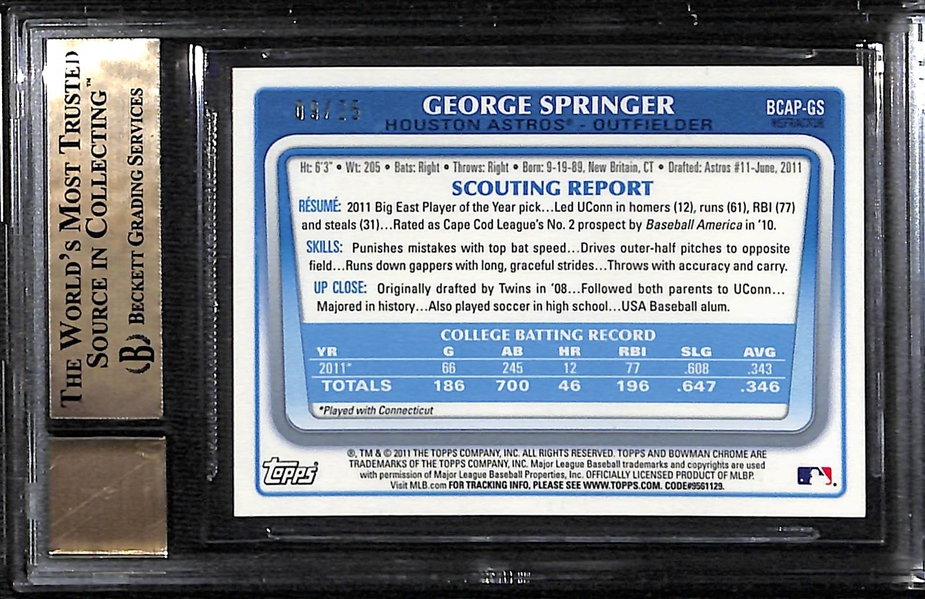 2011 Bowman Chrome Draft George Springer Autograph Rookie Card Orange Refractor Graded BGS 9.5 (#/25)