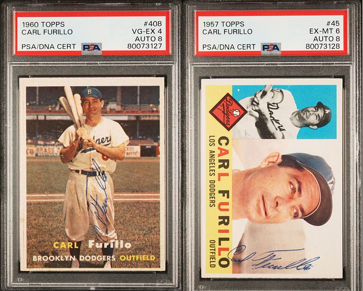 Carl Furillo Autographed & PSA Graded Cards - 1957 Topps (PSA 6, Auto 8) & 1960 Topps (PSA 4, Auto 8)