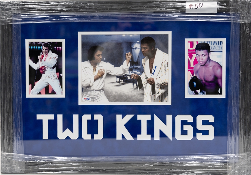 Muhammad Ali Signed Photo in Boxing Pose with Elvis - Nicely Framed Two Kings Cut-out in Blue Suede Matting (PSA/DNA sticker)