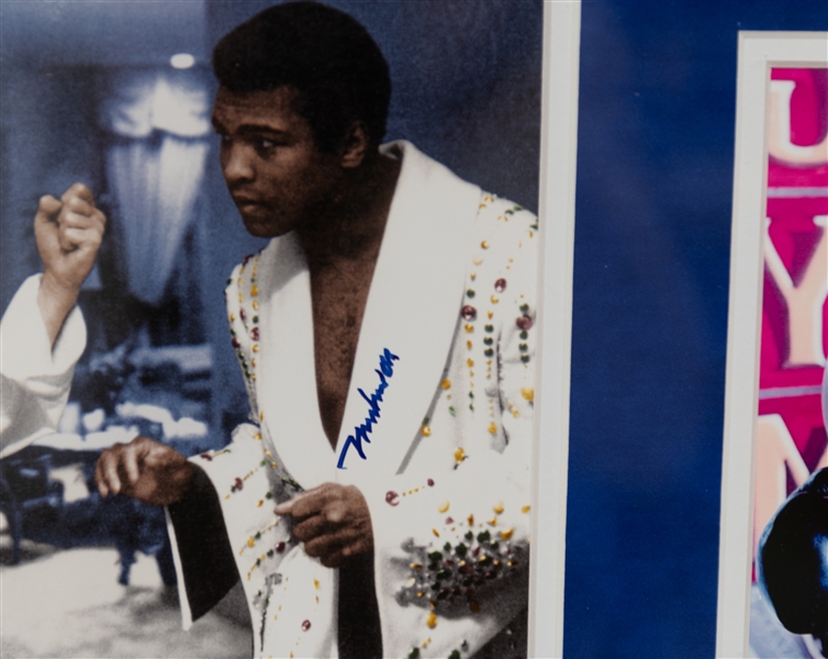 Muhammad Ali Signed Photo in Boxing Pose with Elvis - Nicely Framed Two Kings Cut-out in Blue Suede Matting (PSA/DNA sticker)