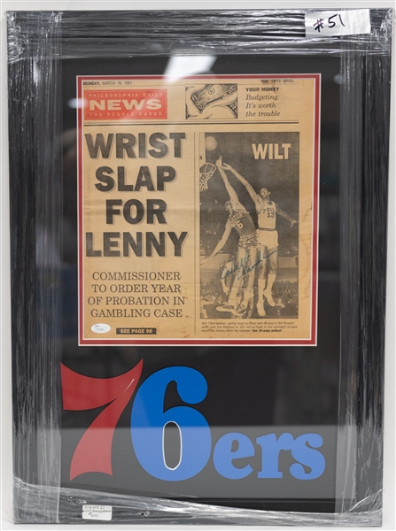 Nicely Framed Wilt Chamberlain Philadelphia Daily News Newspaper w. 76ers in Matting (JSA Sticker)