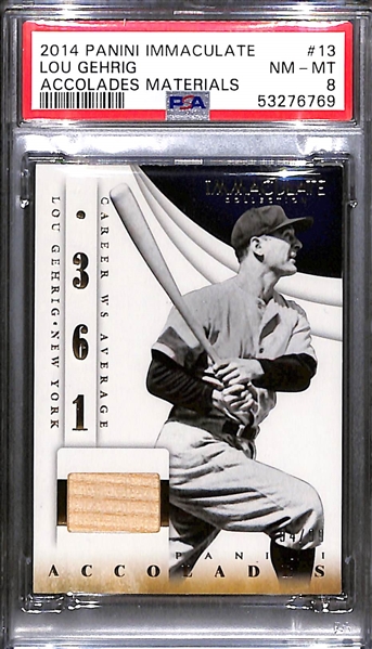 2014 Panini Immaculate Lou Gehrig Game-Used Baseball Relic Card Accolades Materials Insert #ed/99 - Graded PSA 8