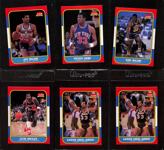 (18) 1986-87 Fleer Basketball Cards w. Patrick Ewing, Karl Malone, Clyde Drexler, (3) Abdul-Jabbar, (2) Chris Mullin,  Isiah Thomas, (2) James Worthy, +