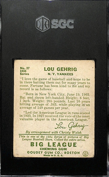 1934 Goudey #37 Lou Gehrig Graded SGC 2.5