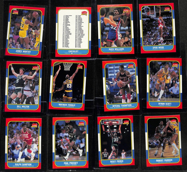 1986-87 Fleer Basketball Partial Set (109 of 132 cards) w.  6 Graded Cards (Magic Johnson SGC 8, Karl Malone SGC 7.5, Dominique Wilkins SGC 7, Kareem Abdul-Jabaar SGC 8, Hakeem Olajuwon SGC 7.5,...