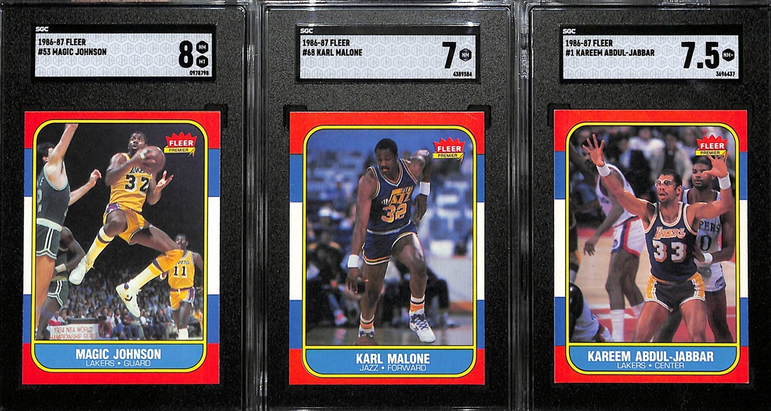 Lot of (66) 1986-87 Fleer Basketball Cards (66 different cards) w.  3 Graded Cards (Magic Johnson SGC 8, Karl Malone SGC 7, Kareem Abdul-Jabaar SGC  7.5)